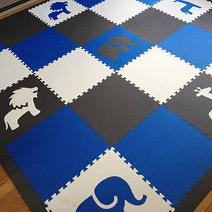 Kids' Playroom with Safari Animals Foam Mats in Blue, Gray, and White- D127