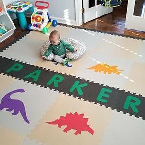 Colorful Dinosaurs Personalized Playmat with Light Gray and Tan Background- D198
