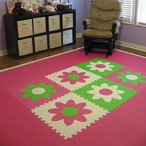Nursery Room Floor Play Mat using SoftTiles Flower Mats in Pink, Lime, and White- D106