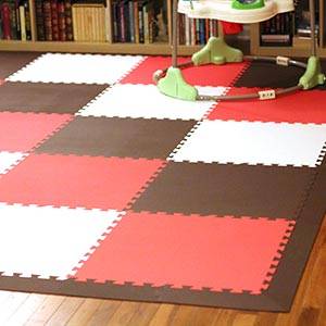 Stylish Children's Playroom Floor using solid SoftTiles Brown, Red, and White Foam Mats- D109