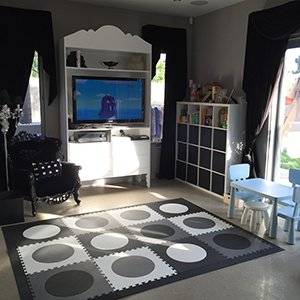 Modern Designer Playroom with SoftTiles Circles Foam Mats in Black, Gray, and White- D169