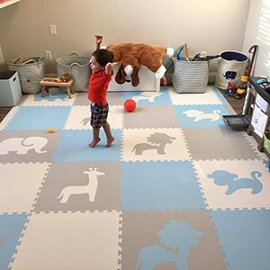 Boys Playroom Floor with Safari Animals in Light Blue, Light Gray, and White- D187