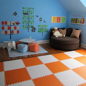 Designer Playroom Floor using Orange and White SoftTiles Interlocking Foam Mats- D101