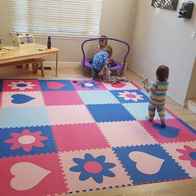 Girl's Playroom Floor with SoftTiles Hearts and Flowers in Blue and Pink- D201