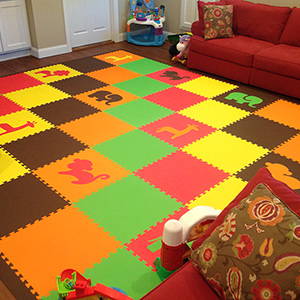 Large Playroom floor with SoftTiles Safari Animals Red, Yellow, Orange, Lime, and Brown- D158