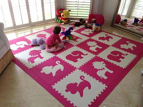 Play Mats for a Girls Playroom - Safari Animals Foam Mats in Pink and White - D144